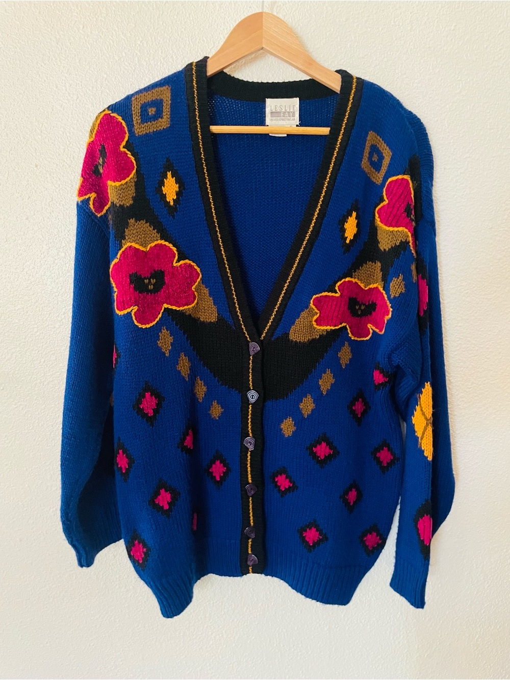 Vintage Leslie Fay Blue Floral V-Neck Button Cardigan Preppy Loud Oversized Sz S